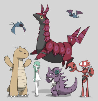 absurdres antennae claws dragonite fangs gardevoir gen_1_pokemon gen_2_pokemon gen_3_pokemon gen_5_pokemon grey_background highres insect_wings nidoking nintendo no_feet no_humans open_mouth pokemon pokemon_(creature) scizor scolipede shadow simple_background standing tail tirarizun wings zubat