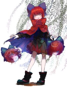 Rule 34 | 1girl, bamboo23091, black boots, black eyes, black sclera, black shirt, blue bow, boots, bow, cloak, colored sclera, commentary, disembodied head, fingernails, floating cape, floating hair, floating head, frown, glowing, glowing eyes, hair bow, highres, horror (theme), long sleeves, looking at viewer, multiple heads, pale skin, parted lips, plant, pleated skirt, red cloak, red eyes, red hair, red nails, red skirt, ribbon-trimmed bow, ribbon trim, sekibanki, shaded face, sharp fingernails, shirt, short hair, skirt, torn bow, touhou, white background