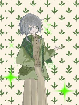 1other aivjiadeshimingzhe alternate_costume androgynous bag black_shawl brown_background brown_shoes brown_skirt buttons casual chinese_commentary collared_shirt commentary_request dot_nose feet_out_of_frame green_bag green_jacket grey_eyes grey_hair hair_between_eyes hand_in_pocket happy highres houlen_yabusame jacket leaf leaf_background len'en long_skirt long_sleeves looking_at_viewer open_clothes open_jacket open_mouth other_focus outstretched_hand plaid_clothes plaid_shawl pleated_skirt shawl shirt shoes short_hair_with_long_locks shoulder_bag sidelocks skirt smile solo sparkle swept_bangs