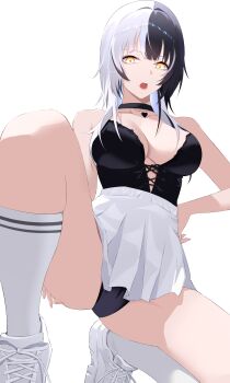 1girl absurdres black_choker black_hair black_panties black_shirt breasts choker highres hololive hololive_english large_breasts long_hair looking_at_viewer mahiruuu miniskirt multicolored_hair open_mouth panties shiori_novella shirt simple_background skirt socks solo split-color_hair two-tone_hair underwear virtual_youtuber white_background white_hair white_skirt white_socks yellow_eyes