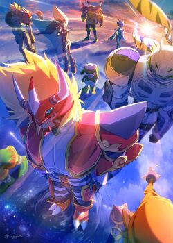 Rule 34 | 2girls, 6+boys, absurdres, agnimon, arbormon, armor, bikini, black armor, blitzmon, blonde hair, blue armor, blue eyes, blue one-piece swimsuit, chackmon, colored skin, digimon, digimon (creature), fairimon, green skin, grottemon, group picture, head-mounted display, highres, kato (digiyuzu), long hair, louwemon, mercuremon, multiple boys, multiple girls, one-piece swimsuit, purple bikini, ranamon, red armor, red eyes, short hair, solo focus, standing, standing on liquid, sunset, swimsuit, twitter username, wolfmon