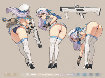 1girl ass blue_neckerchief blue_panties full_body glasses gloves goddess_of_victory:_nikke gun hat high_heels highres holding holding_gun holding_weapon long_hair mikeymegamega multicolored_gloves multiple_views neckerchief neon_(nikke) panties pleated_skirt red-framed_eyewear shirt skirt solo standard_manufacturing_dp-12 thick_thighs thighhighs thighs two-tone_gloves underwear weapon white_hair white_hat white_shirt white_skirt white_thighhighs