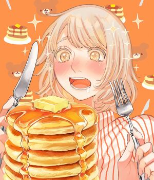 1girl alt_text alternate_costume blonde_hair blush butter colored_eyelashes drooling dungeon_meshi falin_touden falin_touden_(tallman) food fork hands_up highres holding holding_fork holding_knife knife looking_at_food open_mouth orange_background pancake pancake_stack print_background saliva sasakura34 shirt short_hair solo sparkle sparkling_eyes striped_clothes striped_shirt syrup table_knife teeth upper_body vertical-striped_clothes vertical-striped_shirt white_shirt yellow_eyes