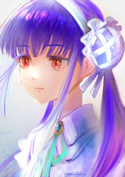 1girl absurdres blue_hair blunt_bangs closed_mouth collared_shirt colored_eyelashes commentary_request double_bun eyelashes film_grain hair_bun hair_ribbon hairband heaven_burns_red highres lips long_hair looking_ahead low_twintails oyama_sou red_eyes ribbon satsuki_mari shirt sidelocks solo straight_hair tsurime twintails twitter_username upper_body white_hairband white_ribbon white_shirt