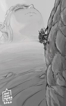 1boy 1girl 2020 artist_name belt blush boots braid breasts close-up clothed_male_nude_female collarbone commentary english_commentary foreshortening gameplay_mechanics giant giantess grey_background head_tilt highres horizon large_breasts link long_hair looking_ahead looking_at_another mini_person miniboy monochrome nintendo nipples nose_blush nude onioniogre parted_bangs parted_lips perspective pointy_ears princess_zelda scabbard shadow sheath shield shirt simple_background sweatdrop sword the_legend_of_zelda the_legend_of_zelda:_breath_of_the_wild thick_lips weapon what