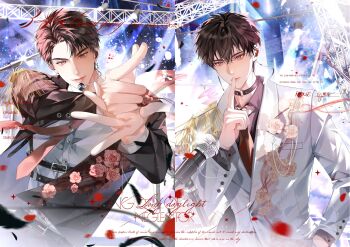 2boys black_choker black_hair black_jacket brown_eyes brown_hair caviar-_(mihuashi_962877) choker closed_mouth hair_between_eyes hand_up highres index_finger_raised jacket long_sleeves looking_at_viewer male_focus microphone multiple_boys necktie original petals red_necktie smile stage upper_body white_jacket