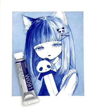 1girl animal_ears blunt_bangs border cat_ears closed_mouth collared_shirt commentary_request expressionless hair_ornament hairclip half-closed_eyes hashtag-only_commentary highres holding karintoun long_hair original paint_tube painting_(medium) pale_skin panda photo_(medium) shirt signature simple_background solo straight_hair stuffed_animal stuffed_toy sweater_vest traditional_media upper_body watercolor_(medium) white_background white_border