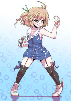 Rule 34 | 1girl, :p, ahoge, azur lane, bad id, bad pixiv id, black thighhighs, blonde hair, blue eyes, camera, denkou choujin gridman, dress, female focus, futaba suetsuki, garter straps, gridley (azur lane), hair between eyes, highres, holding, holding camera, long hair, parody, sailor collar, sailor dress, smile, solo, thighhighs, tongue, tongue out, twintails