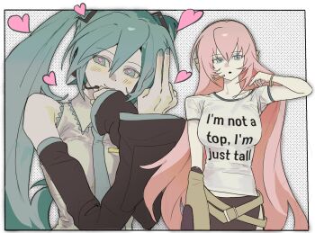 2girls aqua_eyes aqua_hair aqua_nails aqua_necktie aqua_trim arm_at_side baejaan0 bare_shoulders belt black_skirt black_sleeves blue_eyes blush bracelet breast_pocket breasts closed_mouth clothes_writing collared_shirt commentary crew_neck detached_sleeves english_text frilled_shirt frills grey_shirt hair_between_eyes hair_flip hair_ornament hand_up hands_up hatsune_miku headset heart heart-shaped_pupils highres jewelry large_breasts long_hair medium_breasts megurine_luka multiple_belts multiple_girls necktie parted_lips pink_hair pocket shirt short_sleeves sidelocks single_bare_arm skirt sleeveless sleeveless_shirt smile symbol-only_commentary symbol-shaped_pupils symbol_in_eye t-shirt twintails upper_body very_long_hair vocaloid white_shirt wide_sleeves