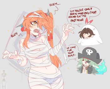 3girls bandages black_hat breasts chest_sarashi cleavage green_hair grey_background guinaifen_(honkai:_star_rail) hat highres honkai:_star_rail honkai_(series) huohuo_(honkai:_star_rail) long_hair multiple_girls mummy_costume navel open_mouth orange_hair sarashi side_ponytail simple_background skull_print small_breasts sushang_(honkai:_star_rail) tongue tongue_out unfamousradish yellow_eyes