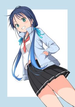 1girl alternate_costume black_sailor_collar black_skirt blue_hair blue_jacket blue_ribbon blush breasts commentary_request green_eyes grin hair_ribbon hand_in_pocket jacket kantai_collection long_hair looking_at_viewer low_twintails neckerchief oge_(ogeogeoge) open_clothes open_jacket pleated_skirt red_neckerchief ribbon sailor_collar school_uniform skirt small_breasts smile solo suzukaze_(kancolle) twintails two-tone_background