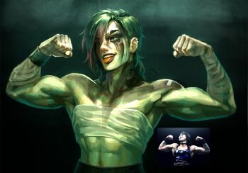 1girl abs arcane:_league_of_legends arcane_vi artist_name bandaged_arm bandaged_chest bandages bandaid bandaid_on_face biceps black_eyeshadow black_hair blue_eyes earrings eyebrow_cut eyeshadow face_piercing flexing highres jewelry league_of_legends makeup muscular muscular_female nose_piercing official_alternate_hairstyle pants piercing red_hair reference_inset rhea_ripley runny_makeup short_hair tattoo tongue tongue_out tongue_piercing vi_(league_of_legends) wrestling_outfit wrist_wrap wwe zeelieeee