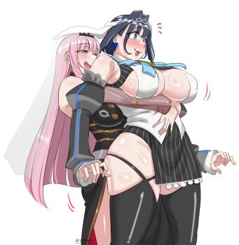 29nope 2girls absurdres arms_around_waist black_dress blue_eyes blue_hair blush bow bow_earrings breasts chain chain_headband cleavage clothing_cutout detached_sleeves dress earrings hair_intakes highres holding hololive hololive_english hug hug_from_behind jewelry large_breasts long_hair mori_calliope mori_calliope_(1st_costume) multiple_girls open_mouth ouro_kronii ouro_kronii_(1st_costume) pink_eyes pink_hair shirt short_hair simple_background skirt thighhighs tiara underboob_cutout veil virtual_youtuber white_background yuri