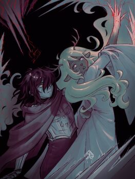 1girl 1other antlers arm_up armor black_hair blank_stare blonde_hair blue_skin colored_skin commentary deer_antlers deer_girl deer_tail delta_rune_(symbol) deltarune english_commentary fingernails furry furry_female grey_eyes hair_over_one_eye heart highres horns kris_(dark_world)_(deltarune) kris_(deltarune) long_fingernails long_hair nag1sa noelle_holiday noelle_holiday_(dark_world) parted_lips red_eyes robe sharp_fingernails short_hair side_cape tail thorns upside-down_heart utdr_(toby_fox) white_robe