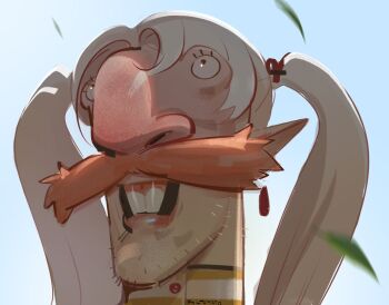 1boy beard big_nose blue_sky cosplay earrings facial_hair film_grain frieren jewelry leaf looking_up mustache nigel_thornberry open_mouth philtomato pointy_ears sky sousou_no_frieren the_wild_thornberrys twintails united_kingdom upward_angle_frieren_drawing_(meme) white_hair