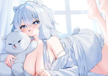 1girl animal_ears bare_shoulders barefoot bear_ears bear_girl bear_tail blue_eyes breasts bright_pupils cardigan center-flap_bangs cleavage clothes_down curtains hair_between_eyes highres holding holding_stuffed_toy indoors large_breasts long_hair looking_at_viewer lying moti_yousei on_stomach open_mouth original smile solo stuffed_animal stuffed_toy tail teddy_bear the_pose very_long_hair white_cardigan white_hair white_pupils window