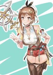 Rule 34 | 1girl, absurdres, atelier (series), atelier ryza, atelier ryza 3, belt, braid, breast pocket, breasts, brown belt, brown eyes, brown gloves, brown hair, brown thighhighs, brown vest, choker, cleavage, clover hair ornament, collarbone, collared shirt, crown braid, dangle earrings, earrings, gloves, hair ornament, hat, highres, jewelry, large breasts, leather, leather belt, leather gloves, multiple bracelets, necklace, pocket, red shorts, reisalin stout, shirt, short hair, short shorts, shorts, single glove, solo, star (symbol), star choker, star earrings, star necklace, thighhighs, timosan, vest, white hat, x hair ornament