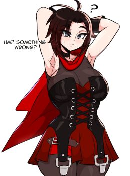 1girl ? absurdres ahoge armpits arms_behind_head bare_shoulders black_hair blush breasts cape choker cleavage collarbone corset english_text gradient_hair grey_eyes highres kinathefox large_breasts looking_at_viewer multicolored_hair pantyhose red_cape red_hair ruby_rose rwby short_hair shorts skirt sleeveless solo sweat thick_thighs thighs white_background wide_hips