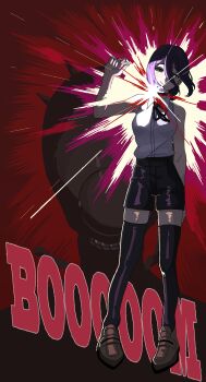 1girl absurdres black_ribbon black_shorts black_thighhighs bomb_devil_(chainsaw_man) brown_shoes chainsaw_man closed_mouth full_body green_eyes grenade_pin hair_between_eyes highres imminent_explosion loafers neck_ribbon purple_hair reze_(chainsaw_man) ribbon shirt shoes shorts sleeveless sleeveless_shirt smile solo stag1215 thighhighs white_shirt