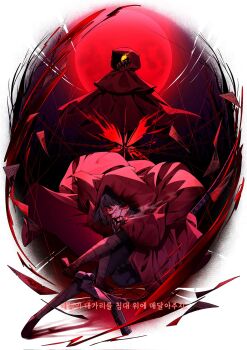 2girls black_gloves black_hair blood blood_on_clothes bob_cut cape capelet chain crimson_scar_(e.g.o) e.g.o_(project_moon) gloves highres hood hooded_cape limbus_company little_red_riding_hooded_mercenary lobotomy_corporation multiple_girls ootachi project_moon red_cape red_capelet ryoshu_(project_moon) short_hair standing standing_on_one_leg suillus