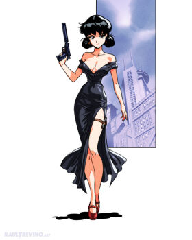 Rule 34 | 1girl, artist name, black dress, black hair, breasts, brown eyes, building, cleavage, collarbone, commentary, dress, earrings, english commentary, gun, handgun, highres, holding, holding gun, holding weapon, jewelry, narrow waist, off-shoulder dress, off shoulder, original, raul trevino, red shoes, retro artstyle, shadow, shoes, skyscraper, smile, solo, suppressor, thigh strap, trigger discipline, weapon