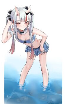 1girl absurdres bare_arms bare_legs bikini bikini_skirt black_bow blue_bikini blue_skirt blush bow center-flap_bangs choker closed_mouth commentary double-parted_bangs earrings eredhen fang flat_chest frilled_bikini frilled_bow frilled_choker frilled_skirt frilled_straps frills full_body gradient_background gradient_hair grey_hair hair_between_horns hair_bow hand_up heart heart_earrings heart_print highleg highleg_bikini highres hololive horns jewelry lace lace-trimmed_skirt lace_trim leaning_forward light_smile long_hair looking_at_viewer microskirt multicolored_hair nakiri_ayame nakiri_ayame_(hololive_summer_2019) navel official_alternate_costume official_alternate_hairstyle oni panty_straps print_skirt red_eyes red_hair red_streaks side-tie_bikini_bottom simple_background single_sidelock skin-covered_horns skin_fang skirt solo standing stomach streaked_hair swimsuit symbol-only_commentary tucking_hair twintails two-tone_hair virtual_youtuber wading water wet white_background white_choker white_hair