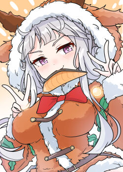 1girl absurdres animal_costume animal_ears animal_hood arnolddayo blunt_bangs bow breasts commentary_request double_w ear_covers ears_through_hood fur_trim gold_ship_(umamusume) grey_hair highres hood hood_up horse_ears horse_girl large_breasts long_hair long_sleeves looking_at_viewer official_alternate_costume purple_eyes red_bow reindeer_costume reindeer_hood smile solo umamusume w
