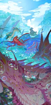 Rule 34 | absurdres, blue eyes, blue scales, bubble, claws, commentary, highres, lagiacrus, mizutsune, monster, monster hunter (series), monster hunter wilds, no humans, nslacka, open mouth, pink scales, purple fur, sharp teeth, sky, spines, teeth, uth duna, water, yellow eyes