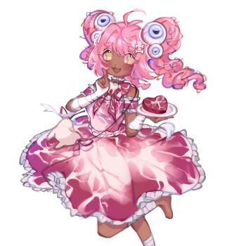 1girl :3 aegyo_sal antenna_hair bag bandaged_arm bandaged_leg bandages bare_shoulders barefoot blush bone_hair_ornament bow bowtie breasts cowboy_shot dark-skinned_female dark_skin dress eyeball_hair_ornament fang food food-themed_clothes frilled_dress frills gurokawa hair_ornament heart highres holding holding_plate looking_at_viewer meat meaty-chan medium_hair non-web_source official_art open_mouth pink_hair plate raw_meat red_bow red_bowtie red_dress short_eyebrows shoulder_bag simple_background skin_fang small_breasts solo standing standing_on_one_leg tachi-e tooth transparent_background twintails utau vixiiart yellow_eyes