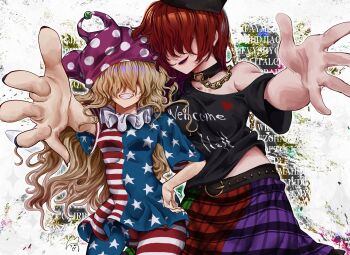 2girls american_flag american_flag_dress american_flag_legwear american_flag_print black_shirt blonde_hair breasts chain clothes_writing clownpiece commentary_request dress english_text fairy_wings flag_print gold_chain hair_over_eyes hat hecatia_lapislazuli highres jester_cap legacy_of_lunatic_kingdom long_hair medium_hair multicolored_skirt multiple_girls nail_polish neck_ruff off-shoulder_shirt off_shoulder outstretched_hand parted_lips polka_dot_headwear reaching reaching_towards_viewer red_hair shirt skirt small_breasts smile star_(symbol) star_print striped_clothes striped_dress t-shirt teeth touhou white_background wings yukine_0930