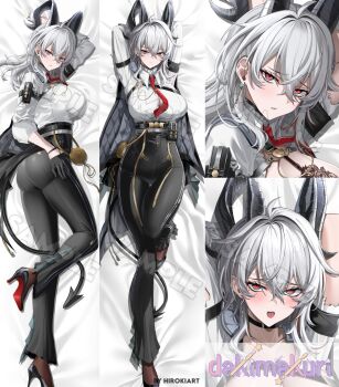 1girl ahoge alternate_breast_size_(larger) arm_pouch arm_up arms_behind_head arms_up artist_name ass bed_sheet black_gloves black_horns black_jacket black_pants black_shoes black_tail blush breasts button_gap collared_shirt commentary curled_horns dakimakura_(medium) demon_tail earrings english_commentary gloves grey_hair hair_between_eyes high-waist_pants high_heels highres hiroki_(hirokiart) horns huge_breasts jacket jacket_on_shoulders jewelry key_earrings logo long_hair merchandise_available mole mole_under_eye necktie open_mouth pants parted_lips red_eyes red_necktie sample_watermark shirt shirt_tucked_in shoes solo tail tight_clothes tight_pants tongue tongue_out watermark white_shirt wuthering_waves zani_(wuthering_waves)