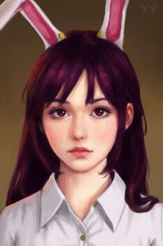 Rule 34 | 1girl, animal ears, blush, brown background, closed mouth, dress shirt, expressionless, extra ears, gradient background, hair behind ear, highres, lips, long hair, looking at viewer, nose, portrait, purple eyes, purple hair, rabbit ears, realistic, reisen udongein inaba, self-upload, shirt, simple background, solo, touhou, upper body, white shirt, wing collar, yyf (seaknight)
