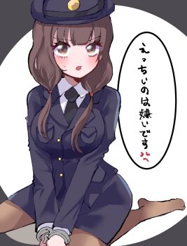 1girl brown_eyes brown_hair cuffs handcuffed handcuffs highres iino_miko kaguya-sama_wa_kokurasetai_~tensai-tachi_no_renai_zunousen~ n1ku22a pantyhose police police_uniform policewoman simple_background speech_bubble