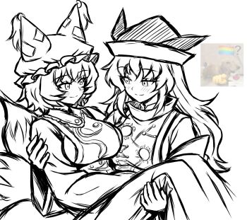 Rule 34 | arianne20131, breasts, carrying, carrying person, constellation print, detached sleeves, dress, fox tail, greyscale, hair between eyes, hat, highres, large breasts, long hair, long sleeves, looking at another, matara okina, mob cap, monochrome, photo inset, princess carry, simple background, sitting, smile, tabard, tail, touhou, wide sleeves, yakumo ran, yuri
