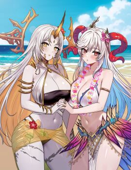 1girl 2girls armlet asymmetrical_docking bare_arms bare_shoulders beach bikini black_bikini blonde_hair blue_hair blush breast_press breasts cleavage collarbone colored_inner_hair colored_skin commentary commission curled_horns english_commentary fire_emblem fire_emblem_heroes flower flower_necklace freyja_(fire_emblem) freyja_(summer)_(fire_emblem) goat_horns grey_skin gullveig_(fire_emblem) gullveig_(summer)_(fire_emblem) halo highres holding_hands horns huge_breasts jewelry large_breasts large_horns long_hair looking_at_viewer multicolored_hair multiple_girls navel necklace nintendo ocean official_alternate_costume outdoors red_horns rein_creamsoda sarong second-party_source see-through_clothes single_horn solo stomach swimsuit thick_thighs thighs twitter_username two-tone_hair very_long_hair white_bikini white_hair wide_hips yellow_eyes yellow_halo yellow_sarong yuri