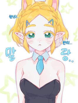 1girl alternate_costume animal_ears bare_shoulders black_leotard blonde_hair blue_necktie bob_cut braid breasts cleavage closed_mouth commentary_request crown_braid detached_sleeves didi_en_ilu green_eyes highres kemonomimi_mode korean_commentary korean_text leotard looking_at_viewer medium_breasts necktie nintendo playboy_bunny pointy_ears princess_zelda rabbit_ears short_hair short_necktie solo star_(symbol) star_symbol_background straight-on strapless strapless_leotard the_legend_of_zelda the_legend_of_zelda:_tears_of_the_kingdom upper_body white_background