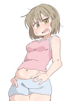 1girl bare_shoulders blonde_hair blush breasts camisole city_(arawi_keiichi) collarbone dot_nose food food_on_face from_below green_eyes highres looking_at_stomach medium_breasts navel niikura_(city) open_mouth pink_camisole plump shorts simple_background solo stomach sweat thighs white_background white_shorts wichimi