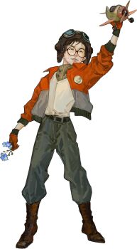 1boy :d absurdres arm_up aviator_goggles baggy_pants belt black_eyes bomber_jacket boots commentary disco_elysium english_commentary eyewear_on_head flower flower_request glasses gloves grin helmet highres holding holding_flower holding_toy jacket kim_kitsuragi kozmoraven1610 male_focus open_mouth orange_gloves orange_jacket pants shirt_tucked_in smile solo standing sweater toy toy_airplane turtleneck turtleneck_sweater variant_set vest white_vest