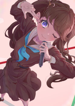 Rule 34 | 1girl, ;), absurdres, blue neckerchief, brown dress, brown hair, closed mouth, commentary request, dress, foot out of frame, fujishima megumi, hair ornament, hair ribbon, hasu no sora school uniform, highres, link! like! love live!, long sleeves, looking at viewer, love live!, medium dress, mika yui, neckerchief, on your mark (love live!), one eye closed, pleated dress, purple eyes, ribbon, sailor collar, sailor dress, school uniform, smile, solo, triangle hair ornament, twintails, virtual youtuber, white ribbon, white sailor collar, winter uniform