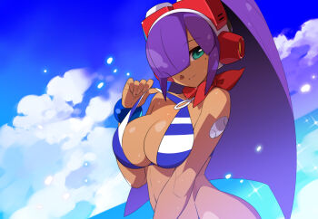 1girl bikini blue_bikini blue_eyes breasts cloud commentary_request dark-skinned_female dark_skin hair_over_one_eye headgear high_ponytail kaidou_zx large_breasts layer_(mega_man) long_hair looking_at_viewer mega_man_(series) mega_man_x_(series) mega_man_x_dive mole mole_on_neck ocean official_alternate_costume ponytail purple_hair revision robot_girl smile solo sparkle swimsuit