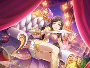 1girl arabian_clothes arabian_nights bad_anatomy breasts brown_hair cleavage couch curtains dutch_angle game_cg headpiece holding holding_sword holding_weapon jewelry lamp long_hair looking_at_viewer medium_breasts official_art on_couch parted_lips purple_eyes shoujo_kageki_revue_starlight shoujo_kageki_revue_starlight_-re_live- sitting solo sword tendou_maya weapon