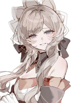 1girl bare_shoulders blue_eyes breasts brown_hair cleavage commentary_request detached_sleeves floating_hair genshin_impact gloves highres long_sleeves looking_at_viewer mamamam_pi parted_lips sandrone_(genshin_impact) short_hair_with_long_locks simple_background smile solo white_background white_gloves