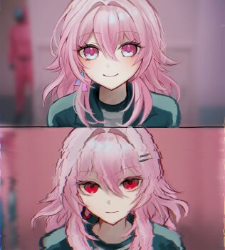 2girls alternate_costume before_and_after closed_mouth commentary dual_persona earrings evernight_(honkai:_star_rail) glitch green_jacket green_track_suit hair_between_eyes hair_intakes hair_ornament hairclip highres hisui_(xztw) honkai:_star_rail honkai_(series) jacket jewelry kubrick_stare looking_at_viewer march_7th_(honkai:_star_rail) medium_hair meme multiple_girls official_alternate_eye_color parallel_hairclips photo_background pink_eyes pink_hair red_eyes serious single_earring smile squid_game untranslatable_commentary track_suit year_1_&amp;_year_2_(squid_game)_(meme)