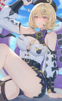 1girl absurdres ahoge asymmetrical_legwear beret black_hair black_hat blonde_hair blush breasts cleavage closed_mouth detached_sleeves garter_straps hair_between_eyes hat highres holding holding_polearm holding_weapon large_breasts monster_girl pink_eyes polearm purple_nails scylla shirt short_hair smile solo tentacle_girl tentacles w-baiye weapon white_shirt yidhari_murphy zenless_zone_zero