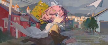 1girl :/ blue_eyes bow brown_hair brown_jacket cape crow_yayu flutterpage from_side grey_sky hair_bow hashtag-only_commentary highres house jacket looking_at_viewer mountain outdoors reverse:1999 road sky solo street tree upper_body utility_pole white_bow white_cape