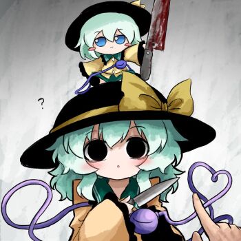 1girl 1other ? black_eyes black_hat blood bloody_knife blue_eyes character_doll doll eyeball frilled_shirt_collar frilled_sleeves frills fumo_(doll) green_hair green_skirt hat hat_ribbon heart heart_of_string heripantomorrow holding holding_knife knife komeiji_koishi pointing ribbon shirt skirt third_eye touhou yellow_ribbon yellow_shirt