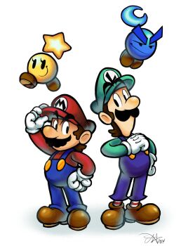 2boys adjusting_clothes adjusting_headwear axelorca blue_overalls boots brothers brown_boots brown_hair commentary crescent english_commentary facial_hair gloves green_hat green_shirt hat highres luigi lunaris_(mario_&amp;_luigi:_stellar_bonds) mario mario_&amp;_luigi:_stellar_bonds mario_&amp;_luigi_rpg mario_(series) masanori_sato_(style) multiple_boys mustache nintendo overalls red_hat red_shirt red_socks shirt short_hair siblings signature simple_background socks star_(symbol) starlow striped_clothes striped_socks two-tone_socks white_background white_gloves white_socks