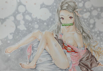 1girl areola_slip bare_legs bare_shoulders barefoot bit_gag black_hair breasts checkered_sash collarbone colored_tips commentary_request feet forehead full_body gag hair_ribbon japanese_clothes kamado_nezuko katsu_(24791909) kimetsu_no_yaiba kimono long_hair long_sleeves looking_at_viewer multicolored_hair off_shoulder orange_eyes pink_kimono pink_ribbon ribbon sitting small_breasts solo thighs toes traditional_media very_long_hair