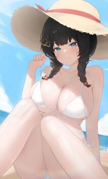 1218_haruru 1girl absurdres bare_shoulders beach bikini bikini_tug black_hair blue_eyes blue_sky blush bow braid breasts brown_hat cleavage closed_mouth cloud collarbone commentary day dutch_angle english_commentary hair_bow hair_ornament hand_up hat hat_ribbon heart heart_hair_ornament highres knees_together_feet_apart knees_up large_breasts lens_flare long_hair looking_at_viewer ocean on_ground outdoors red_bow red_ribbon ribbon shirayuki_hina side-tie_bikini_bottom sidelocks sitting sky solo stellive strap_lift straw_hat string_bikini sun_hat sunlight swimsuit thighs twin_braids virtual_youtuber wet white_bikini