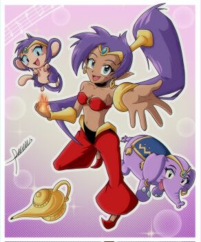 1girl bhomba145 blue_eyes bra breasts dark-skinned_female dark_skin earrings elephant fire genie_lamp highres jewelry long_hair looking_at_viewer monkey pants pointy_ears ponytail purple_hair shantae shantae_(series) small_breasts underwear very_long_hair